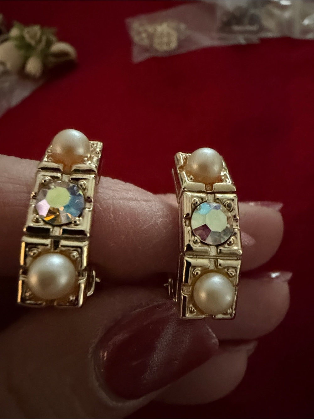 Vintage Gold Pearl and Aurora borealis Crystal half hoop clip earrings like new